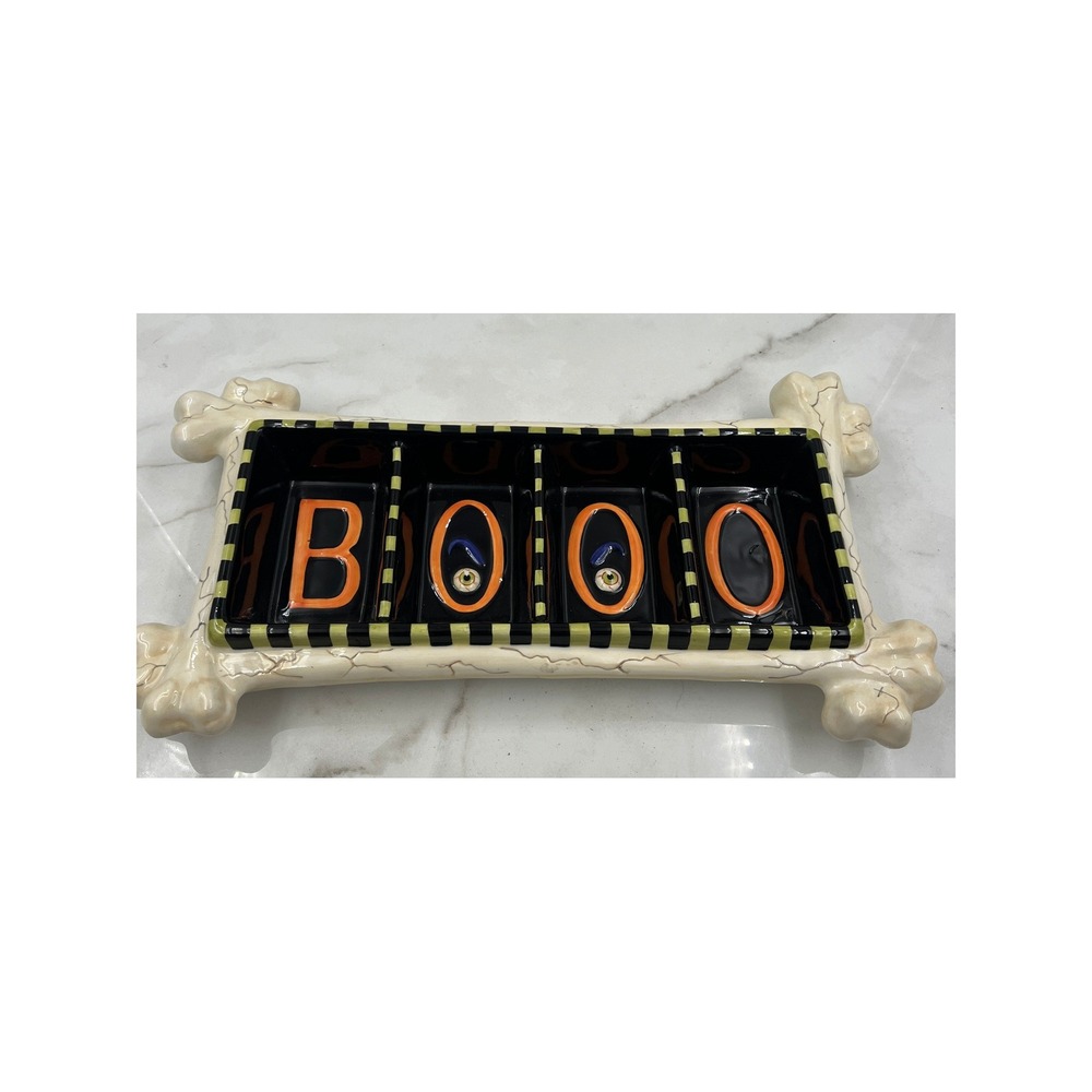 Department 56 Halloween BOOO Eyeball Ceramic Candy Dish 4 Section Bone Tray